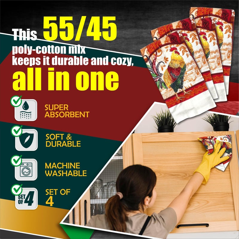 Lobyn Value Packs â€“ 4-Pack Red Rooster Kitchen Towels, 15x25 Lightweight Cotton-Poly Blend, Absorbent Dish Towels with Farmhouse Country Design - Image 3
